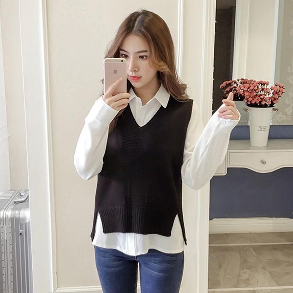 korean version of the new women's waistcoat vest college wind sleeveless sweater v-neck knit sweater vest women's clothing, Black;white