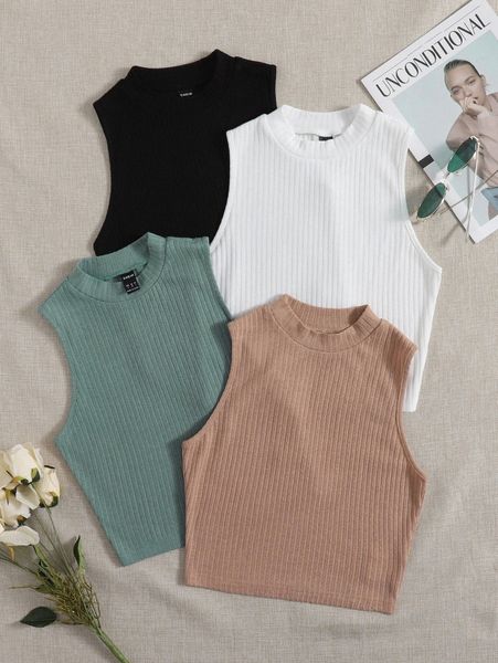 4pcs mock neck rib knit tank f6yy#, White