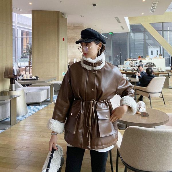women mid-length thicken lambswool winter drawstring big pocket loose warm faux pu leather jacket streetwear cotton coat female, Black
women mid-length thicken lambswool winter drawstring big pocket loose warm faux pu leather jacket streetwear cotton coat female, Black