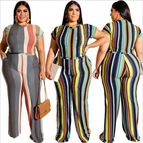 women casual straight pants two piece sets plus size color striped printing trousers + o-neck short sleeve outfits, Gray
women casual straight pants two piece sets plus size color striped printing trousers + o-neck short sleeve outfits, Gray