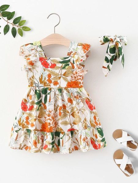 baby floral print butterfly sleeve ruffle hem dress she, Red;yellow 
baby floral print butterfly sleeve ruffle hem dress she, Red;yellow