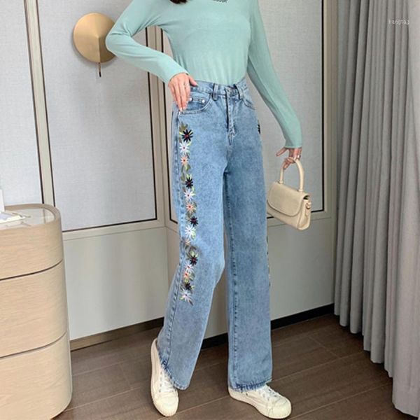 embroidery flowers jeans for women korean high waist straight denim trouser loose harajuku pants 2020 new1, Blue 
embroidery flowers jeans for women korean high waist straight denim trouser loose harajuku pants 2020 new1, Blue