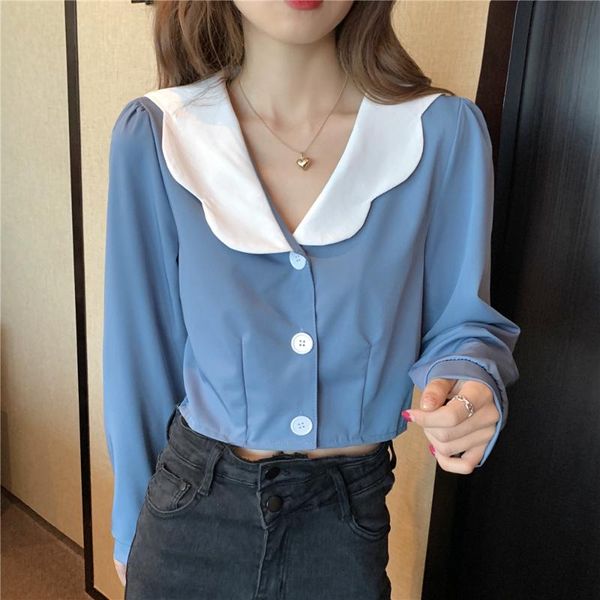 fall long sleeve contrast peter pan button crop women slim cute solid lolita sweet short shirt korean blouse vintage fashion, White
fall long sleeve contrast peter pan button crop women slim cute solid lolita sweet short shirt korean blouse vintage fashion, White