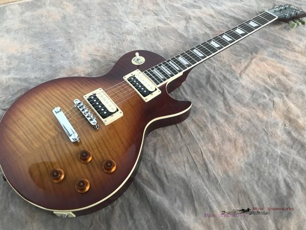 china electric guitar oem shop l p standard electric guitar dark brown color, flame maple wood
china electric guitar oem shop l p standard electric guitar dark brown color, flame maple wood