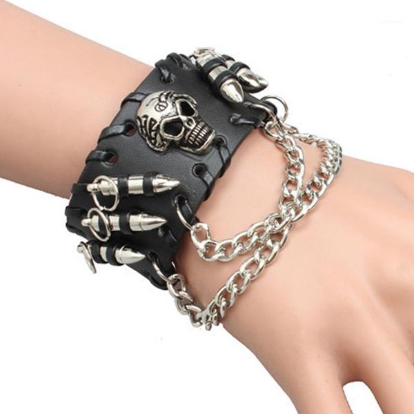 black metal skull punk rock biker strap leather bracelet chain wristband1, Golden;silver
black metal skull punk rock biker strap leather bracelet chain wristband1, Golden;silver