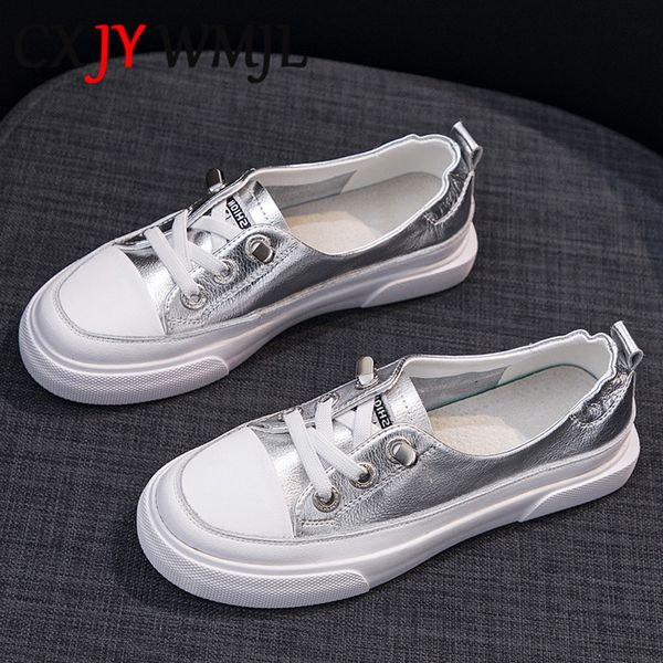 large size women sneakers autumn leather vulcanized shoes fashion woman casual sneaker spring breathable silver lacing flat shoe 1020, Black;white