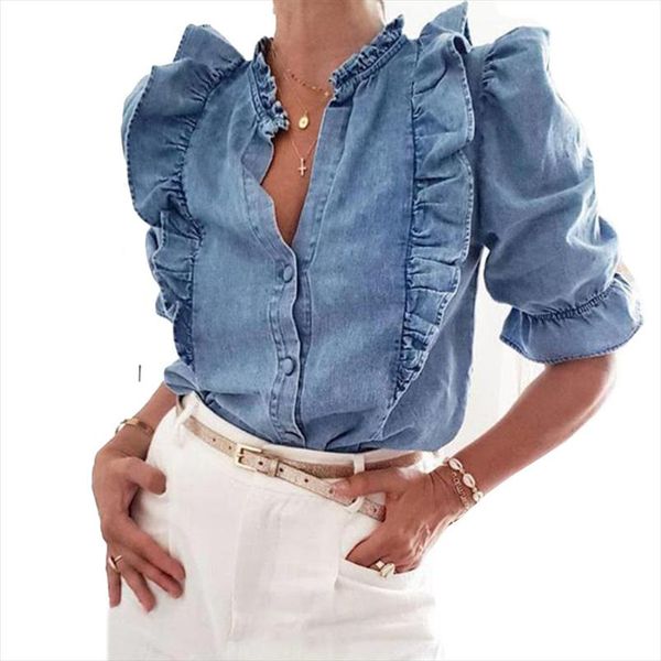 boho inspired denim blouse women ruffle v neck puff sleeve casual blue blouse female plus size cotton femme 2020, White
boho inspired denim blouse women ruffle v neck puff sleeve casual blue blouse female plus size cotton femme 2020, White