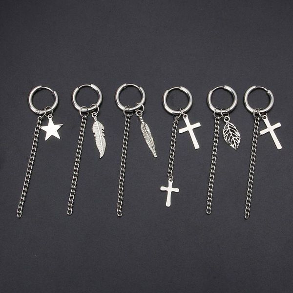hoop & huggie gothic stainless steel cross feather star leaf chain dangle earrings, Golden;silver
hoop & huggie gothic stainless steel cross feather star leaf chain dangle earrings, Golden;silver