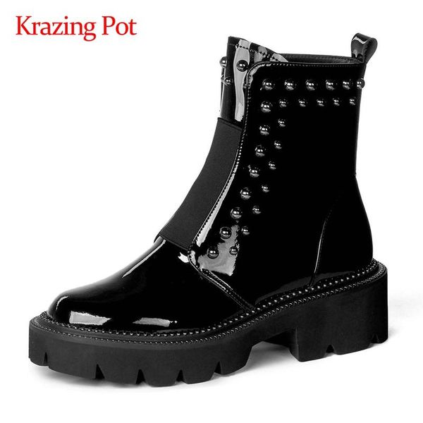 boots krazing pot motorcycle genuine leather rivets decorations stretch large size round toe high heel slip on ankle l93, Black
boots krazing pot motorcycle genuine leather rivets decorations stretch large size round toe high heel slip on ankle l93, Black