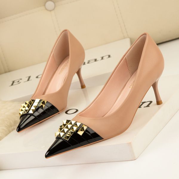 869-22 dress shoes wedding party banquet high heels stiletto shallow pointed rivet color matching european and american fashion women boots, Black
869-22 dress shoes wedding party banquet high heels stiletto shallow pointed rivet color matching european and american fashion women boots, Black