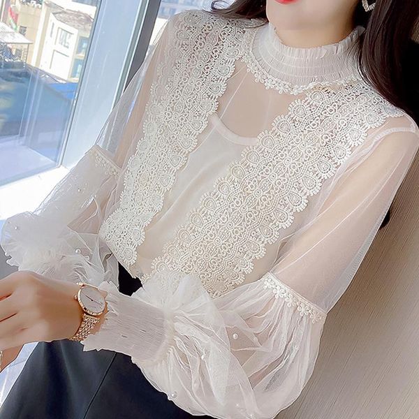 mesh stitching beading lace elegant female long sleeve office shirt korean 2020 new fashion women blouse, White 
mesh stitching beading lace elegant female long sleeve office shirt korean 2020 new fashion women blouse, White