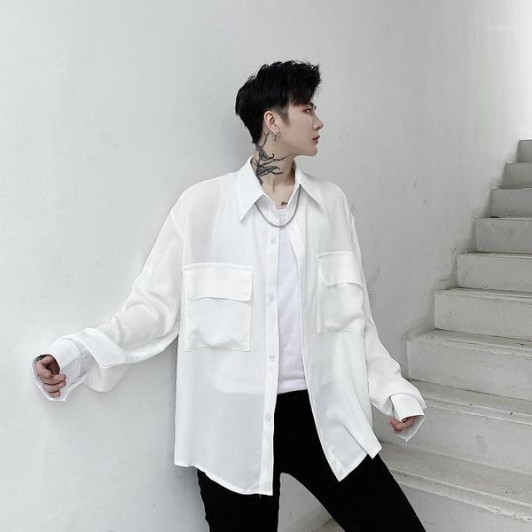 ewq / men's summer clothes loose big pocket white shirt 2020 trend fashion double pockets long sleeve koran tide new 9y24611, White;black
ewq / men's summer clothes loose big pocket white shirt 2020 trend fashion double pockets long sleeve koran tide new 9y24611, White;black