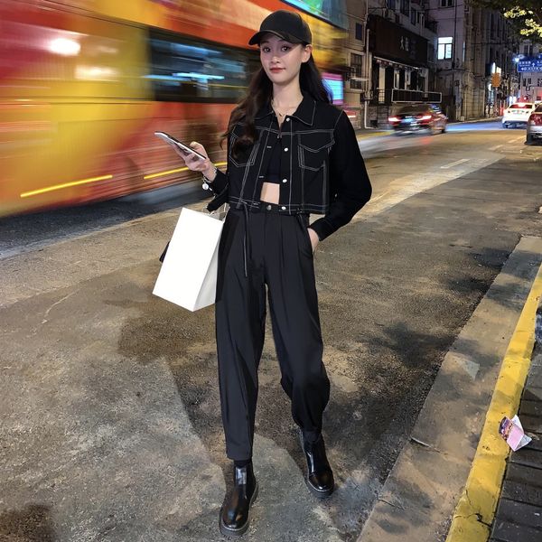 cng6k short sense loose z968u shirt bright line long sleeve shirt trendy fashion suit women's cool design, Gray 
cng6k short sense loose z968u shirt bright line long sleeve shirt trendy fashion suit women's cool design, Gray