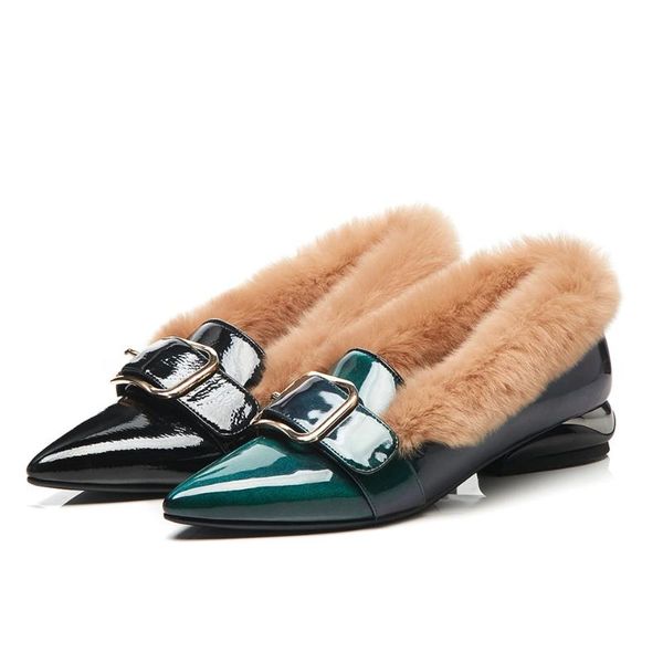 2020 fashion women's shoes patent leather plush fur decorative pointed toe warm lazy women's shoes, Black
