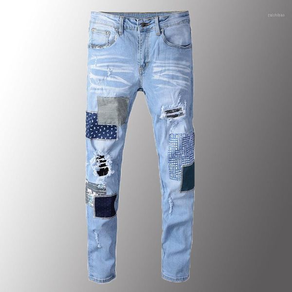 classic men jeans luxury men's patchwork ripped jeans light blue holes stretch denim pants patch design trousers
classic men jeans luxury men's patchwork ripped jeans light blue holes stretch denim pants patch design trousers