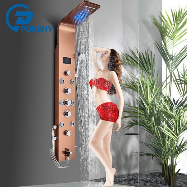rose gold bathroom shower panel column led rain waterfall shower panel 6 functions big display with bidet and jet spa taps 1011
rose gold bathroom shower panel column led rain waterfall shower panel 6 functions big display with bidet and jet spa taps 1011