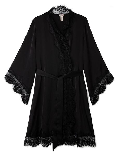 women silk satin short night robe solid kimono robe lace trim bathrobe peignoir bride bridesmaid fashion dressing gown1, Black;red