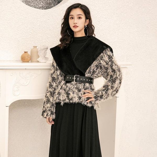 women's wool & blends women fall winter coat large lapel furry motley belt waist jacket ladies super warm long-sleeved personality wool, Black
women's wool & blends women fall winter coat large lapel furry motley belt waist jacket ladies super warm long-sleeved personality wool, Black