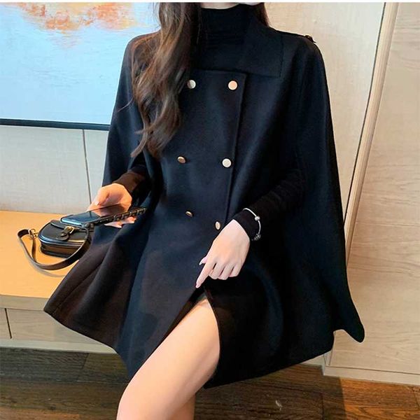 women's woolen wild loose cloak autumn and winter warm blend coat ladies elegant double breasted shawl cardigan, Black
women's woolen wild loose cloak autumn and winter warm blend coat ladies elegant double breasted shawl cardigan, Black