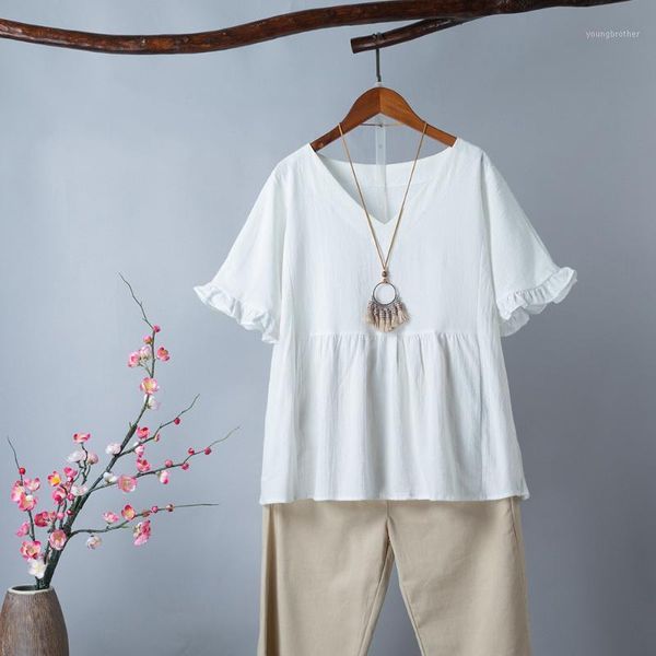women's t-shirt women plus size s-5xl summer ruffle cotton vintage v neck short sleeves casual loose shirts 2021 female blusas1, White
women's t-shirt women plus size s-5xl summer ruffle cotton vintage v neck short sleeves casual loose shirts 2021 female blusas1, White