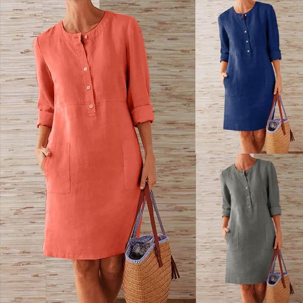 fashion women summer round neck solid dress evening party long sleeve pockets button cotton linen vestidos knee length, Black;gray
fashion women summer round neck solid dress evening party long sleeve pockets button cotton linen vestidos knee length, Black;gray