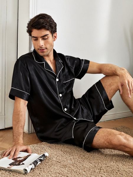 men contrast binding pocket satin pj set t0id#, Black;brown