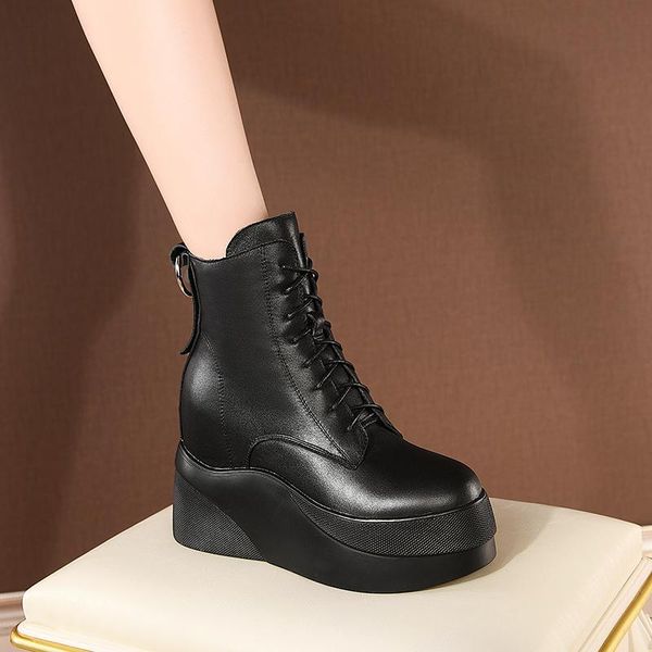 boots genuine leather women lace up ankle winter fashion flats platform short casual shoes woman, Black 
boots genuine leather women lace up ankle winter fashion flats platform short casual shoes woman, Black