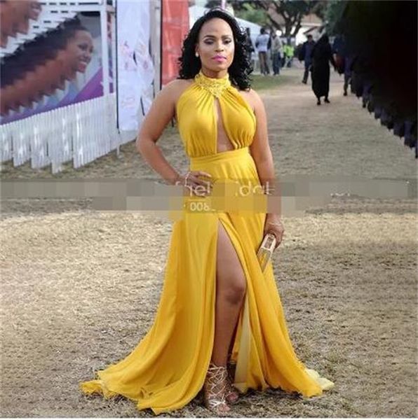 cut out yellow chiffon formal a line evening dress long for african women halter neck side split elegant celebrity dresses, Black;red
cut out yellow chiffon formal a line evening dress long for african women halter neck side split elegant celebrity dresses, Black;red