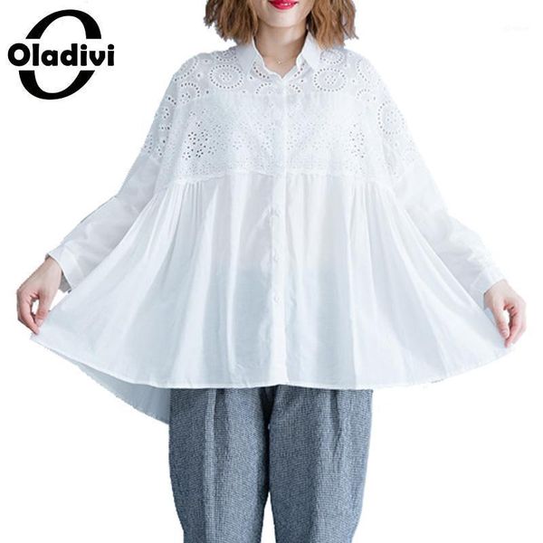 oladivi oversized plus size women fashion embroidered offical blouses ladies office work tees summer shirts female blusas1, White