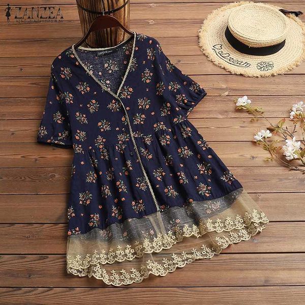 2020 zanzea fashion summer printed women's lace stiching blouse casual short sleeve tunic female v neck blusas plus size, White 
2020 zanzea fashion summer printed women's lace stiching blouse casual short sleeve tunic female v neck blusas plus size, White