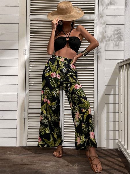 tie backless halter & tropical print wide leg pants p2ma#, White