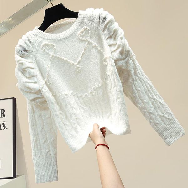 women fashion solid casual beading knitted sweater female puff sleeve pullover ladies elegant loose sweaters, White;black
women fashion solid casual beading knitted sweater female puff sleeve pullover ladies elegant loose sweaters, White;black