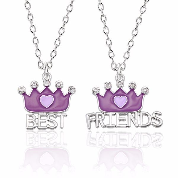 fashion bbf necklace purple alloy inlaid rhinestone queen crown pendant friendship jewelry friend necklace girl gift, Silver