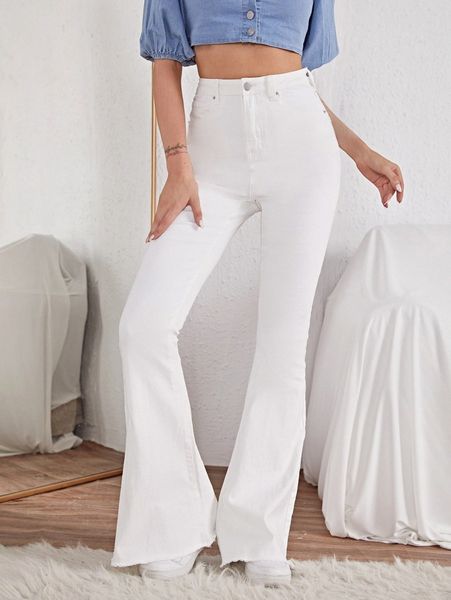 high waist contrast stitch flare leg jeans o9gs#, Blue