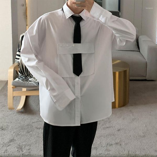 men streetwear fashion hip hop pocket design shirt men long sleeve loose casual white shirt1, White;black 
men streetwear fashion hip hop pocket design shirt men long sleeve loose casual white shirt1, White;black