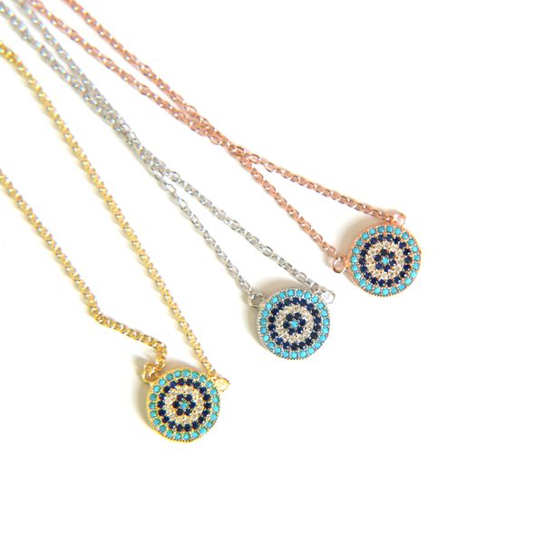 

100% 925 sterling silver classic necklace round disk micro pave colorful cz turquoise evil eye charm lucky girl gift chain