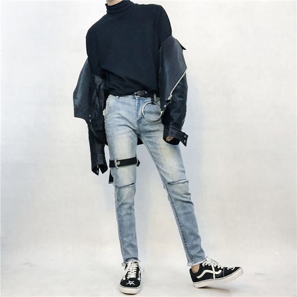 2021 new korean version original personality tie cowboy hole 9 minutes man pants woman of same style. asvm, Blue
2021 new korean version original personality tie cowboy hole 9 minutes man pants woman of same style. asvm, Blue