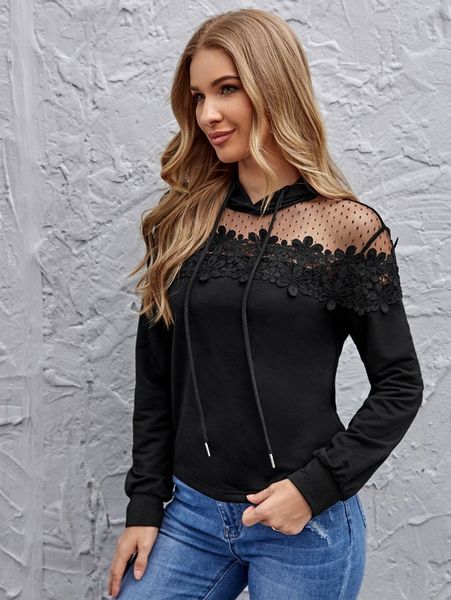 swiss dot mesh shoulder lace appliques front hoodie i05p#, White;black