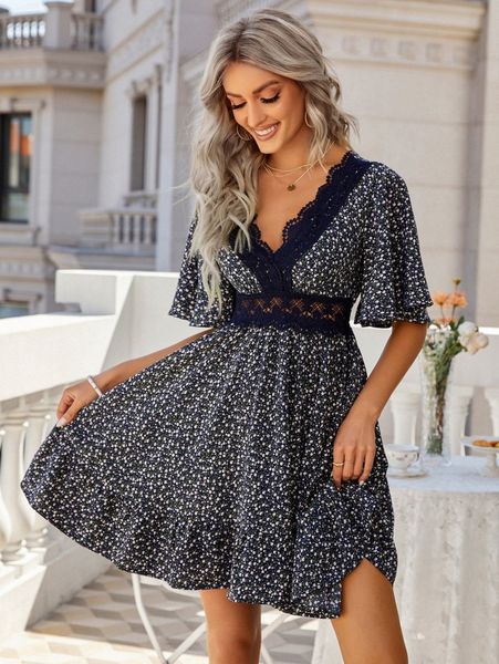 ditsy floral print guipure lace insert butterfly sleeve dress s11m#, Black;gray
ditsy floral print guipure lace insert butterfly sleeve dress s11m#, Black;gray
