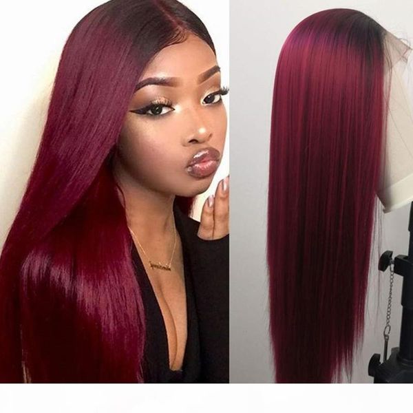 24inches ombre burgundy synthetic lace front wig heat resistant fiber full hair glueless hand tied brazilian lace frontal wigs, Black
24inches ombre burgundy synthetic lace front wig heat resistant fiber full hair glueless hand tied brazilian lace frontal wigs, Black