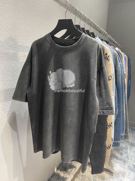 women's t-shirt spring and summer high version b rhinoceros print pullover round neck loose washing versatile men's women's s, White
women's t-shirt spring and summer high version b rhinoceros print pullover round neck loose washing versatile men's women's s, White