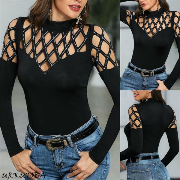 fashion t shirt women casual long sleeve o neck women club hollowed out bandage t shirt tee shirt, White