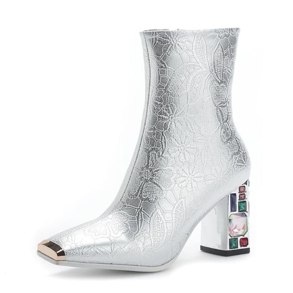 us4-11 womens square metal toe floral sliver ankle boots crystal strange heel leather shoes side zip winter warm plus size, Black
us4-11 womens square metal toe floral sliver ankle boots crystal strange heel leather shoes side zip winter warm plus size, Black
