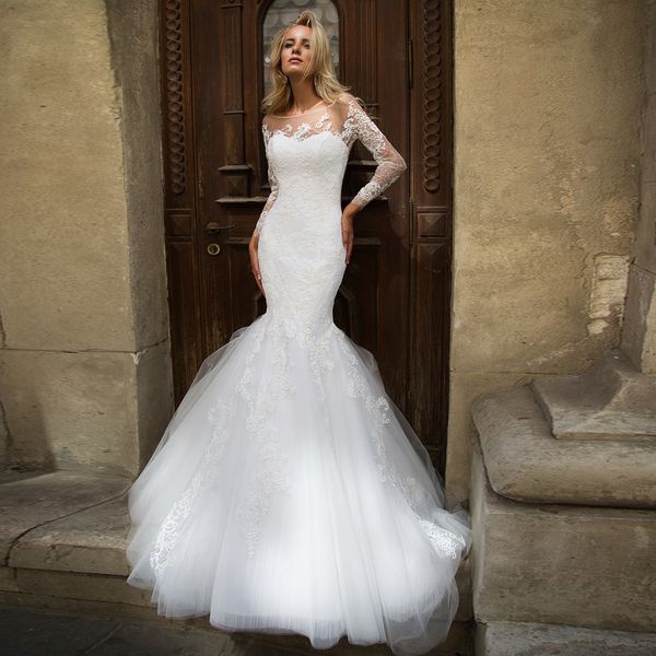 2021 new fashion mermaid long sleeves scoop lace bridal gown backless sweep train wedding es for bride qe5u, White
2021 new fashion mermaid long sleeves scoop lace bridal gown backless sweep train wedding es for bride qe5u, White