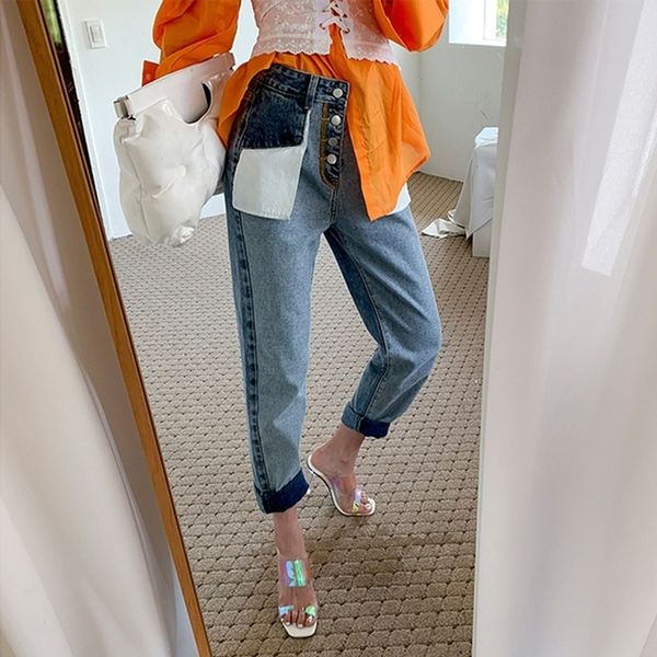 front buttons high waist women autumn big pockets splice jeans pants female straight hit color denim trousers y200417, Blue
front buttons high waist women autumn big pockets splice jeans pants female straight hit color denim trousers y200417, Blue
