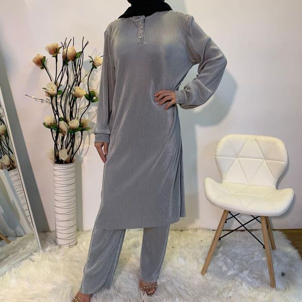 pleated 2 piece matching set outfit women muslim eid modest long sleeve shirt tunic long wide leg pants set solid color, Red 
pleated 2 piece matching set outfit women muslim eid modest long sleeve shirt tunic long wide leg pants set solid color, Red