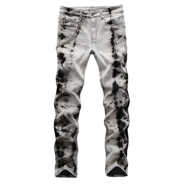 men's jeans tie and dyed snow washed denim with chain streetwear slim stretch pants gray black trousers, Blue
men's jeans tie and dyed snow washed denim with chain streetwear slim stretch pants gray black trousers, Blue