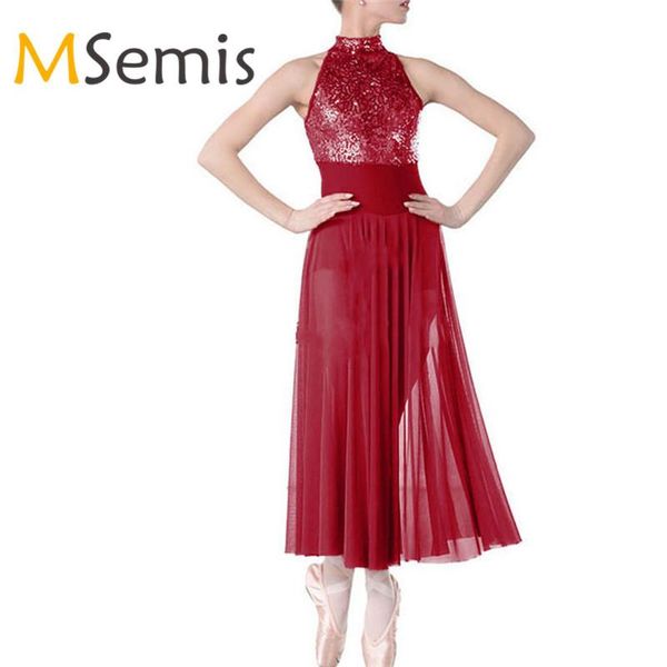 ballet leotard for women ballet dress dance dress with built-in leotard halter sequined mesh sikrt for stage performance, Black;red 
ballet leotard for women ballet dress dance dress with built-in leotard halter sequined mesh sikrt for stage performance, Black;red