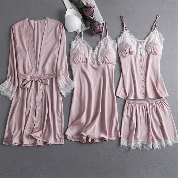 lace women 4pcs sleep set pajamas set casual pyjamas pink sleepwear suit satin nightgown nightwear intimate lingerie y200708, Black;red
lace women 4pcs sleep set pajamas set casual pyjamas pink sleepwear suit satin nightgown nightwear intimate lingerie y200708, Black;red