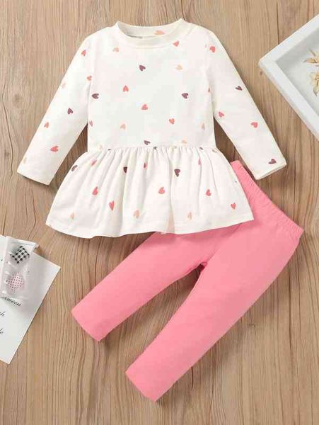 baby heart print peplum hem & leggings she, White